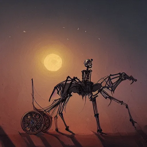 Image similar to The drawing features a human figure driving a chariot. The figure is skeletal and frail, with a large head and eyes. The chariot is pulled by two animals, which are also skeletal and frail. in the Central African Republic by Atey Ghailan unified