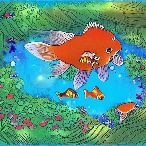 Image similar to beatiful aquarium with goldfish drawn in ghibli style, anime ghibli studio drawing