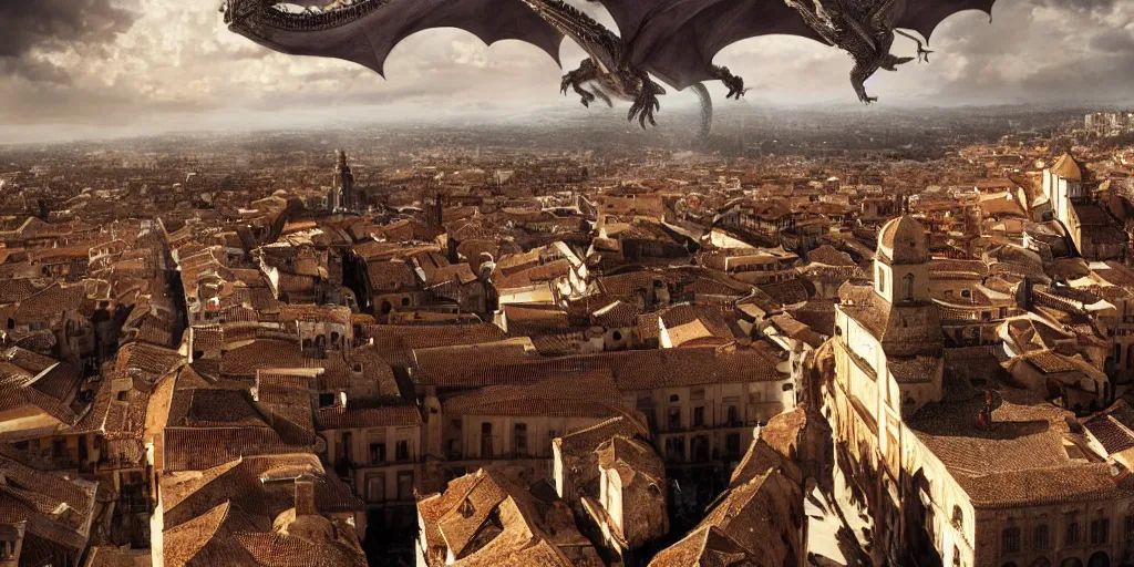 Image similar to the monumental city of caceres with a dragon flying over it, dramatic lighting, cinematic, extremly high detail, photorealistic, cinematic lighting, post processed, concept art, artstation, matte painting, style by greg rutkowsky