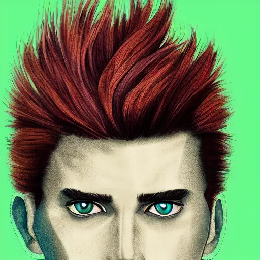 Image similar to digital art of a stylish young adult man with red hair and green cat - like eyes, popular, famous, attractive, high quality, highly detailed, hd, 4 k, 8 k,