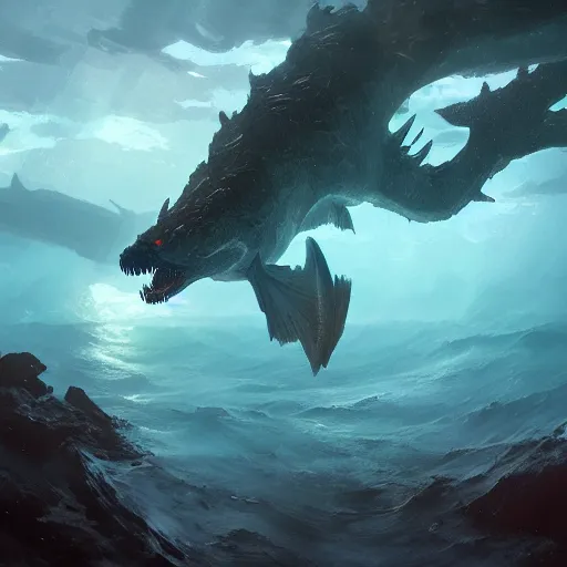 Image similar to Underwater sea dragon, bioluminescent, eerie, emotion, scenery, oil painting, Tooth Wu, Greg Rutkowski, RPG, dynamic lighting, fantasy art, high contrast, depth of field