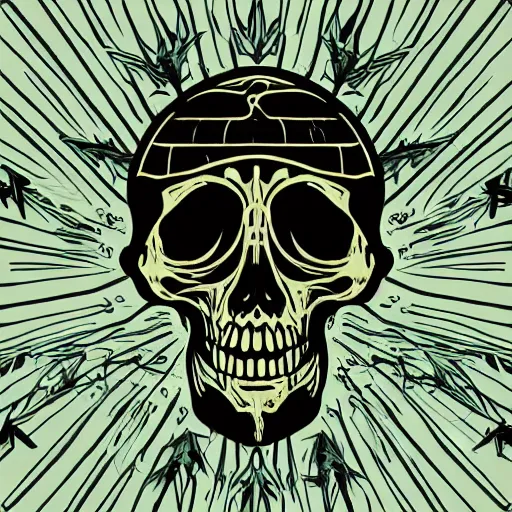 Image similar to dark death metal themed vector illustration for a record label, trees. forest, spikes, skull, microphone, skull, award winning, grunge, iconic, golden ratio