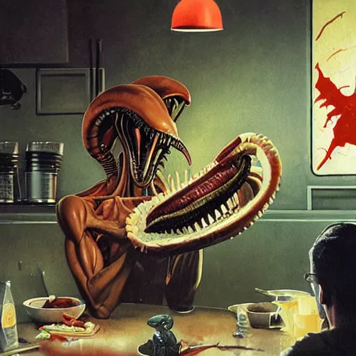 Image similar to alien xenomorph eating a cheeseburger, at a 5 0 s diner, painted by norman rockwell, greg rutkowski, john howe, wlop, artgerm