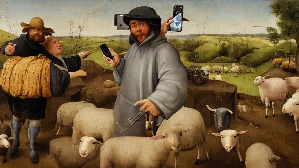 Image similar to A butcher and sheep taking a selfie smiling, in the fashion of Hieronymus Bosch, oil on canvas, painting, 4k, wide shot