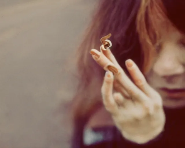 Prompt: a lomographic photo of woman hand with cigarette