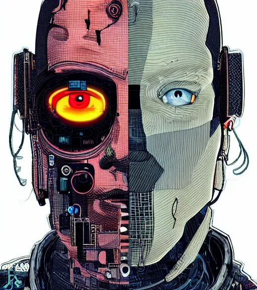 Image similar to a cyberpunk man with multiple digital patchwork faces, techwear, Industrial Scifi, detailed illustration, character portrait, by Martin Grip and Moebius