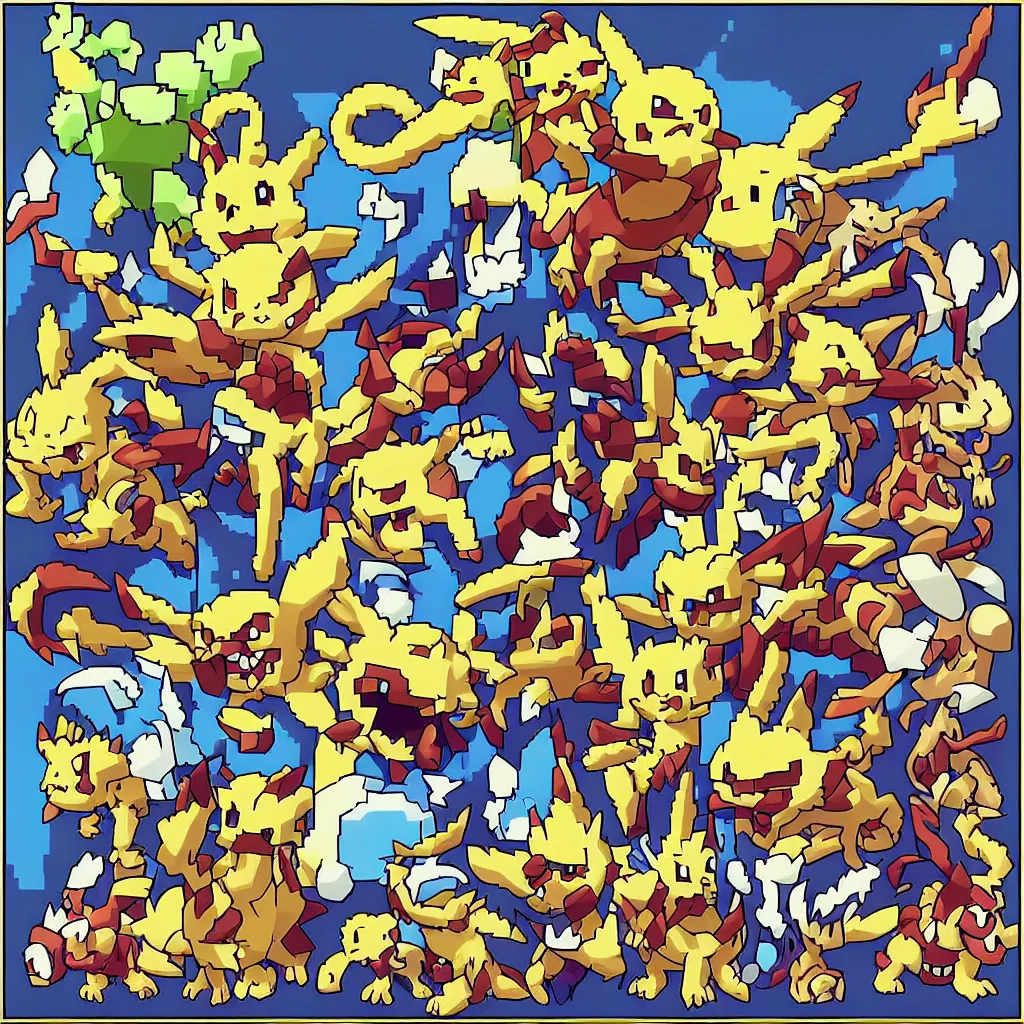 Image similar to pixelated pokemon monster inspired by ragnarok online, 1 2 8 bit, 1 0 0 0 x 1 0 0 0 pixel art, 4 k, super detailed, nintendo game, pixelart, high quality, no blur, sharp geometrical squares, concept pixelart