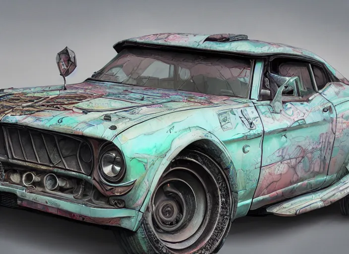 Prompt: realistically detailed concept art real pastel painting of a real gaspunk muscle car in full intricate detail, ultra detailed, realistic digital art, octane render, 4K, dystopian, micro details