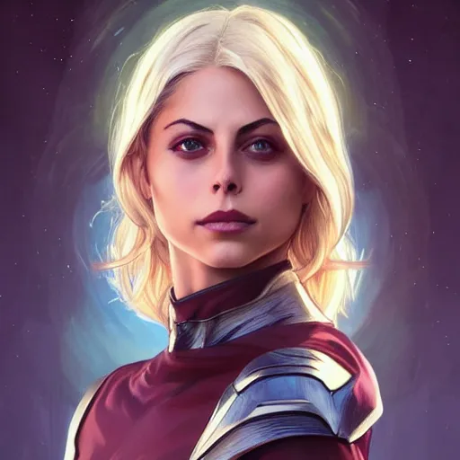 Image similar to Willa Holland with blonde hair as Super Girl, western, D&D, fantasy, intricate, elegant, highly detailed, digital painting, artstation, concept art, matte, sharp focus, illustration, art by Artgerm and Greg Rutkowski and Alphonse Mucha