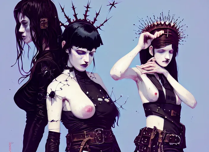 Image similar to portrait of two cute goth maiden girls with crown of thorns and white short hairs, dressed in leather belts, warhammer, cyberpunk, by atey ghailan, by greg rutkowski, by greg tocchini, by james gilleard, by joe gb fenton, by kaethe butcher, dynamic lighting, gradient light blue, brown, blonde cream and white color in scheme, grunge aesthetic