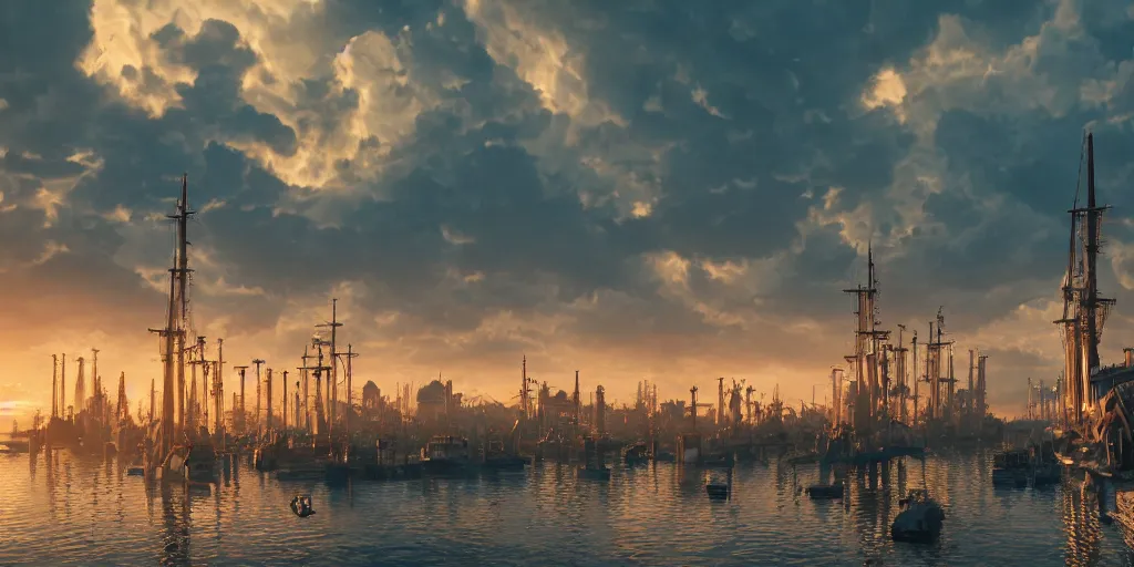 Image similar to a cinematic frame of a steampunk harbor at sunset, beautiful clouds in the sky, gold and copper color scheme hyperdetailed, 8 k