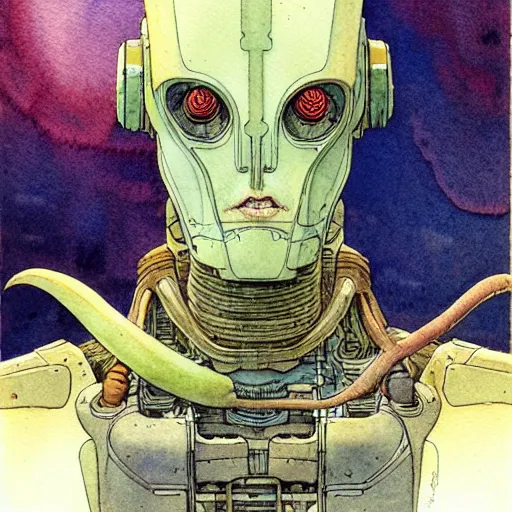 Image similar to a simple and atmospheric watercolour portrait of a pulp sci - fi alien cyborg, very muted colors, by rebecca guay, michael kaluta, charles vess and jean moebius giraud