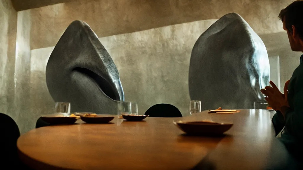 Image similar to the giant nose in the restaurant, made of water, film still from the movie directed by Denis Villeneuve with art direction by Salvador Dalí, wide lens