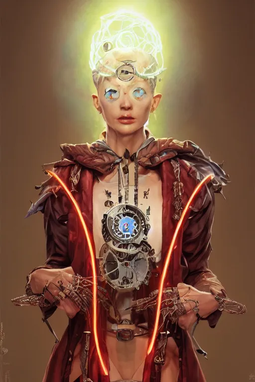 Image similar to portrait of the thallium clockwork wanderer wearing bloodspine (robe) by artgerm and Craig Mullins, James Jean, Andrey Ryabovichev, Mark Simonetti and Peter Morbacher 16k