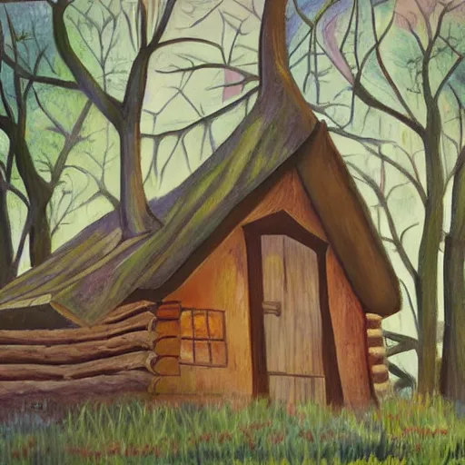 Prompt: a painting of a eerie cabin in the middle of the woods in the style of alice bailly
