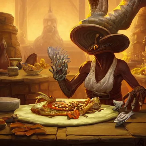 Prompt: a reptilian kobold chef in a tavern, wearing oversized chef hat, Full body shot, D&D, fantasy, intricate, highly detailed, digital painting, artstation, concept art, matte, sharp focus, illustration, hearthstone, art by Artgerm, Greg Rutkowski, Alphonse Mucha