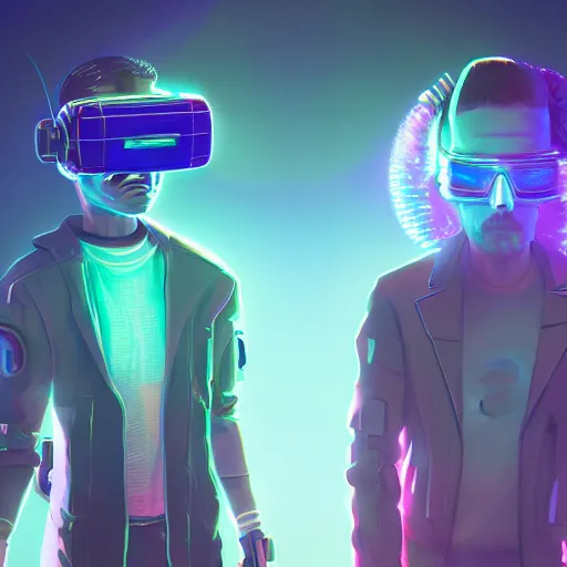 Image similar to cyberpunk rick and morty bot, cinema 4 d, galaxy space sci - fi, wearing vr goggles, illustration, portrait, pastel neon textured background night, trending on artstation, greg rutkowski, octane rendered, 1 2 k, detailed,