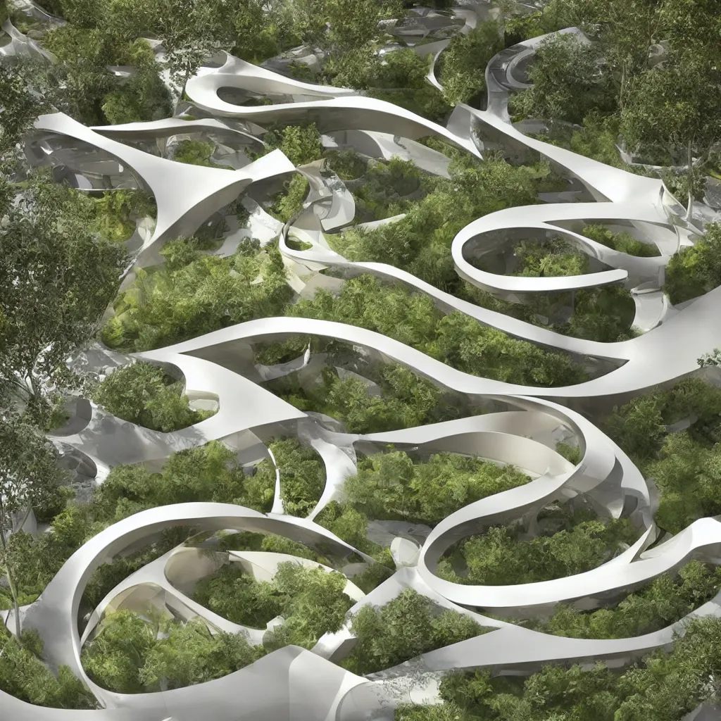 Prompt: “ an incredibly smooth curvilinear architectural spatial immersive sculpture, unfolding continuous golden surfaces enclose a visually complex garden designed by zaha hadid, architecture render ”