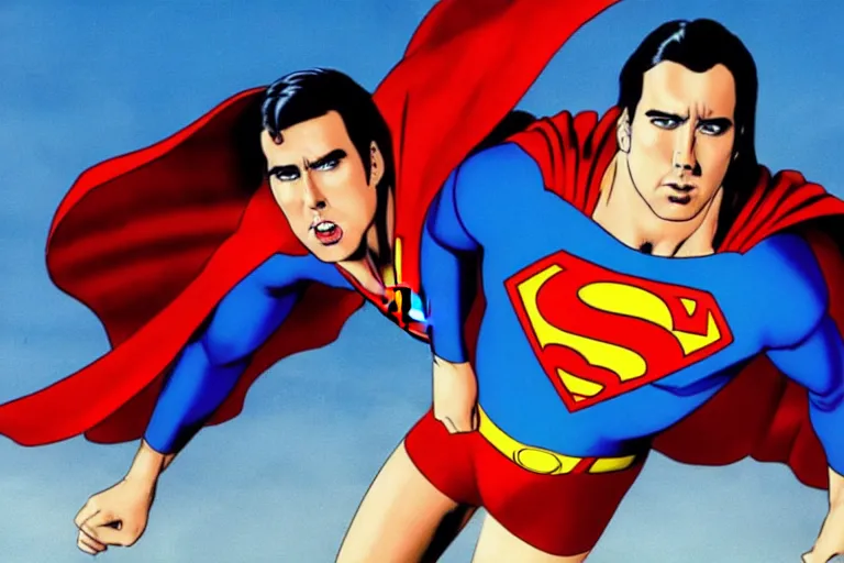 Image similar to nicholas cage as superman in the 1 9 9 0's, superhero film