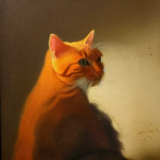 Prompt: a realistic 1 8 th century painting of an orange cat looking at the painter oil on canvas, sharp, in the style of rembrandt