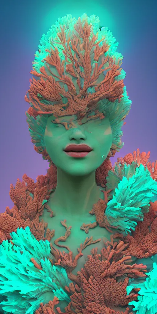 Image similar to Face of a Alien Deity, corals, plume made of fractals, extremly detailed digital painting, in the style of Beeple, mystical colors, rim light, beautiful lighting, 8k, stunning scene, raytracing, octane, trending on artstation