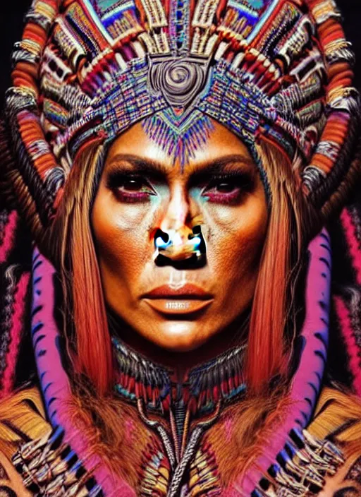 Image similar to portrait of jennifer lopez, hyper detailed ultra sharp aztec shaman warrior. trending on artstation, warpaint aesthetic, bloodwave, colorful, psychedelic, ornate, intricate, digital painting, concept art, smooth, sharp focus, illustration, art by artgerm and greg rutkowski and h. r. giger, 8 k