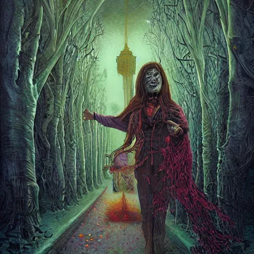 Image similar to Vampire traveling through a beautiful psychedelic world, horror, illustrated by Andrew Ferez, trending on artstation