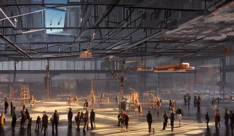 Image similar to group of people in simple warehouse, admiring hologram of futuristic city on a table, cinematic concept art, godrays, golden hour, natural sunlight, 4 k, clear details, tabletop model buildings, center model buildings, hologram center, crane shot, crane shot, crane shot