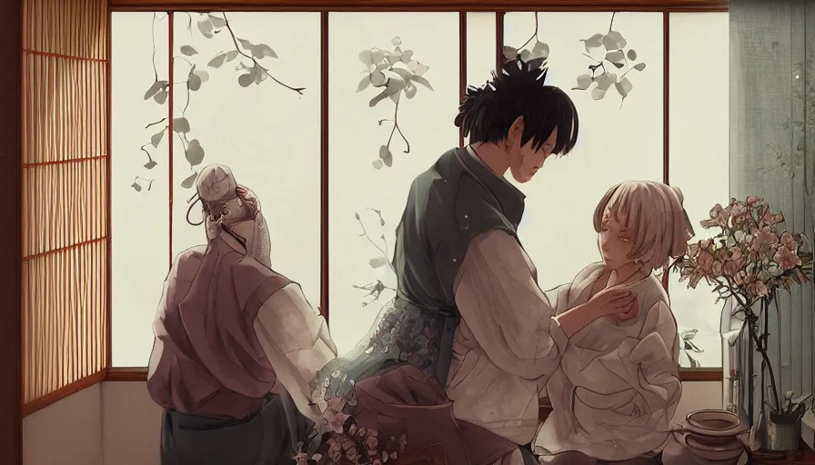 Prompt: old japanese giving flowers to his wife, japanese house, light through windows, romantic, manga, artists, hyperdetailed, artstation, cgsociety, 8 k