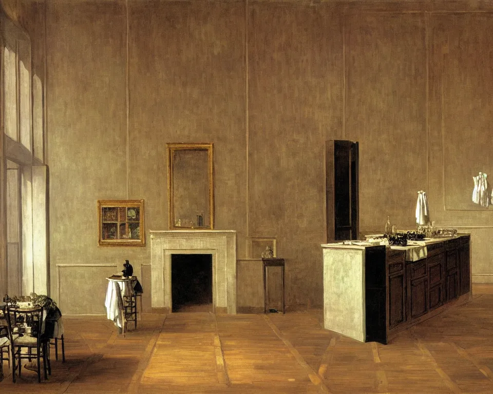 Image similar to achingly beautiful painting of a sophisticated, well - decorated kitchen on warm background by rene magritte, monet, and turner. giovanni battista piranesi.