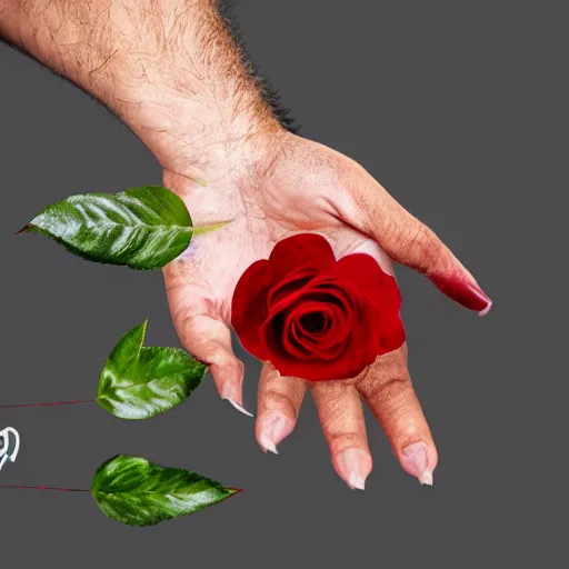 Prompt: a handpalm with a red rose growing on top of it, blended with skin, tail, thorns, leaves, photoreal