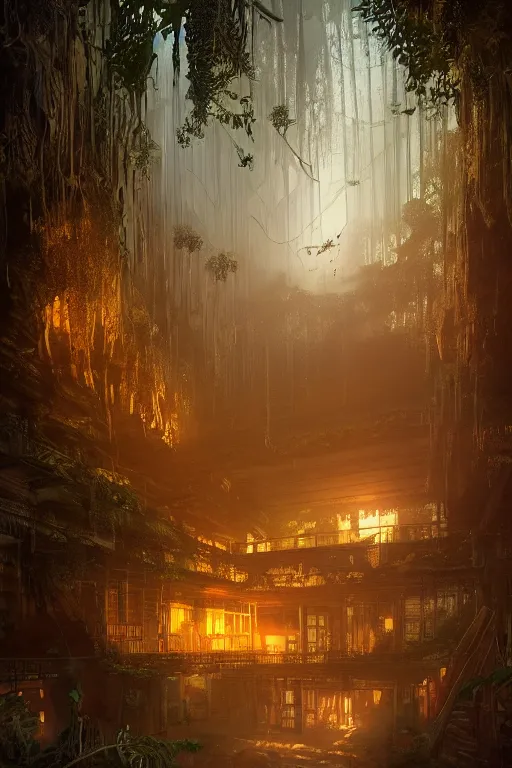 Prompt: a decaying interior of ( ( old library ) ) with a rainforest growing inside, orange - glowing - magical - wisps in air, highly detailed, intricate detail, realistic shaded lighting, beautiful 3 d rendering, octane render, hyperrealistic, trending on artstation, by greg rutkowski and simon stalenhag