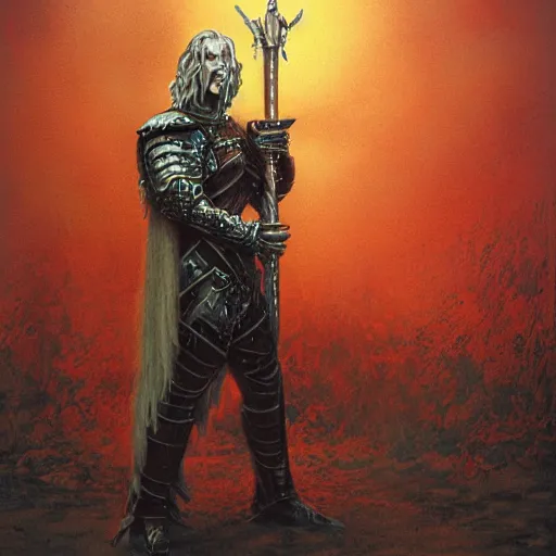 Image similar to albino wearing armor and wielding a long black sword, by michael whelan