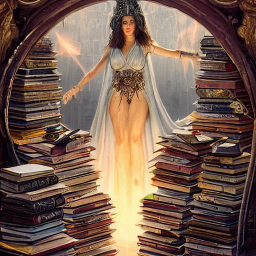 Image similar to a portrait of ana de armas as the goddess minerva, surrounded by stacks of books, bioluminescent gown with deep level of detail of esoteric symbols, urban motifs, intricate, elegant, highly detailed, digital painting, trending on artstation, concept art, smooth sharp focus, illustration, art by artgerm and greg rutkowski