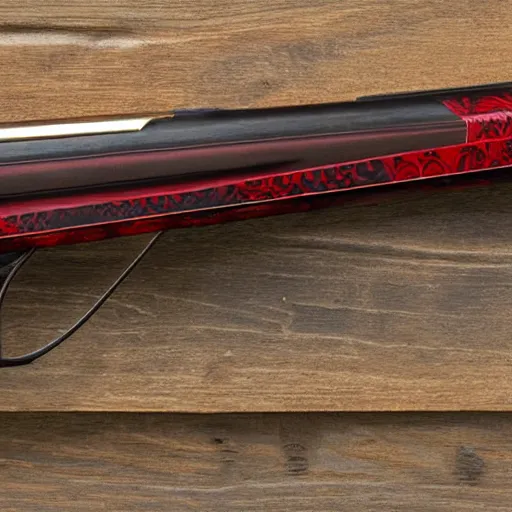 Image similar to a shotgun made from glossy red - painted wood and elements of gold metalwork