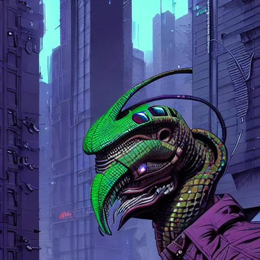 Prompt: A cyberpunk reptile viper head cyborg on the street of a cyberpunk city art by Josan Gonzalez, sci-fi, highly detailed, digital painting, artstation, smooth, sharp focus, illustration, concept art by Josan Gonzalez and James Gurney and Mœbius