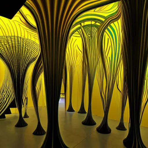 Image similar to psychedelic architectural section installation, art exhibition infected by night, biennale, lush abstract graphic shapes. victor horta, chihuly infected by night, extremely emotional abstract surrealist fluidic architecture. highly detailed. elegant minimalism. highly detailed. sharp focus. very lifelike organic forms, beautiful melancholic space shapes, geometric tranquility. black and gold