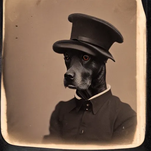 Prompt: ambrotype of a dog wearing a kepi.