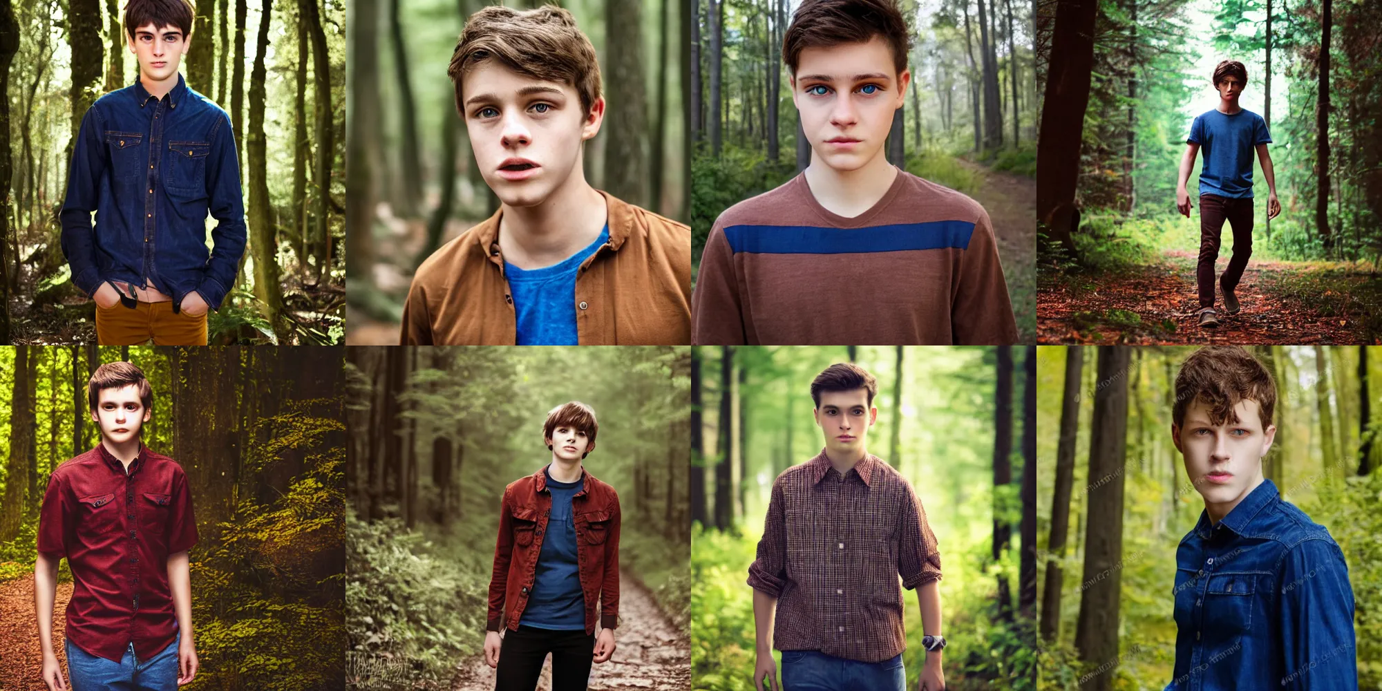 Prompt: walking in forest, portrait, male teenager, dark shaped eyes, detailed face, brown hair, red shirt, blue jeans, realistic photo.