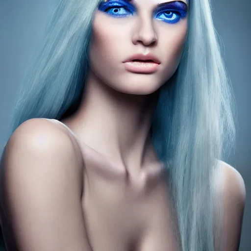 Image similar to incredibly beautiful portrait of A wonderful topmodel girl who looks like a priestess of love. With blue eyes. White hair.