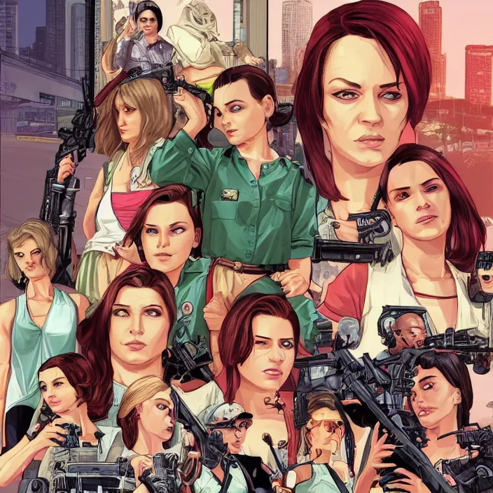 Image similar to female protagonists in gta, cover art by stephen bliss, boxart