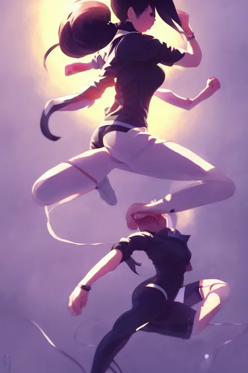 Image similar to black ponytail hair, pale woman in a black zipper jacket, yellow eyes, by artgerm, hair tied in a ponytail, white backdrop, soft lighting, fighting pose, dynamic angle, by greg rutkowski makoto shinkai takashi takeuchi