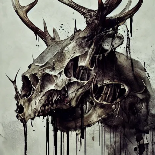 Image similar to lehsen with deer skull deer antlers by emil melmoth zdzislaw belsinki craig mullins yoji shinkawa realistic render ominous detailed photo atmospheric by jeremy mann francis bacon and agnes cecile ink drips paint smears digital glitches glitchart