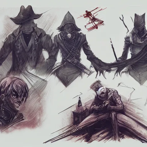 Image similar to hunter from bloodborne sitting next to each other in a room, retrofuturism, sitting next to each other in a room, concept art by yoshiyuki tomino, by yoshiyuki tomino, cg society contest winner, behance contest winner, toonami, redshift, official art, ps 1 graphics