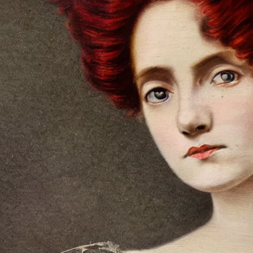 Prompt: a victorian era woman with red hair and fair white skin, with hypnotic spiral eyes