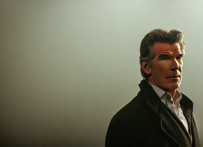 Prompt: film footage of pierce brosnan as giant monster in a foggy city, eerie, 8 k, 8 5 mm f 1. 8, studio lighting, rim light, right side key light