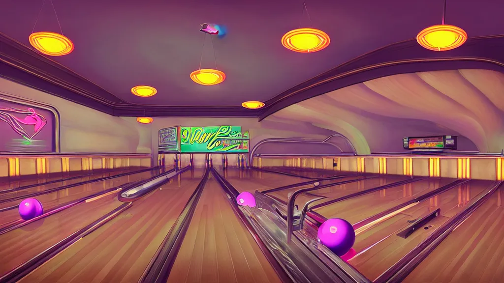 Prompt: art deco bowling alley, neon flamingo, ultra detail, photoreal, soft moonlight lighting, realistic, wide angle, sharp focus, 8 k high definition, insanely detailed, intricate, elegant, art by artgerm and wlop