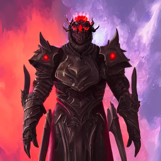 Prompt: a highly detailed character portrait of a man wearing a epic dark armor with glowing red eyes concept art