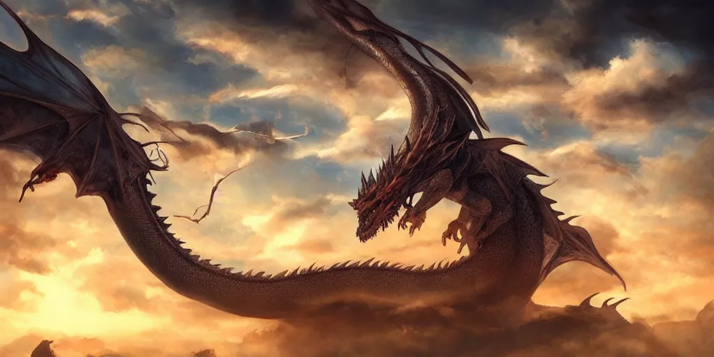 Image similar to ''giant dragon, long dragon, in the clouds, beautiful sky and sun shine, fantasy artwork, very beautiful scenery, cinematic shot, ultra detailed, by popular digital, details, beautiful art, high resolution, 8 k, artstation''