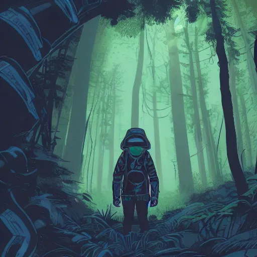 Prompt: in the style of ghostshrimp and deathburger and laurie greasley a young mixed race male explorer wearing a cyberpunk headpiece who is exploring in an enchanting and lush forest , low angle fish eye lens, highly detailed, 8k wallpaper